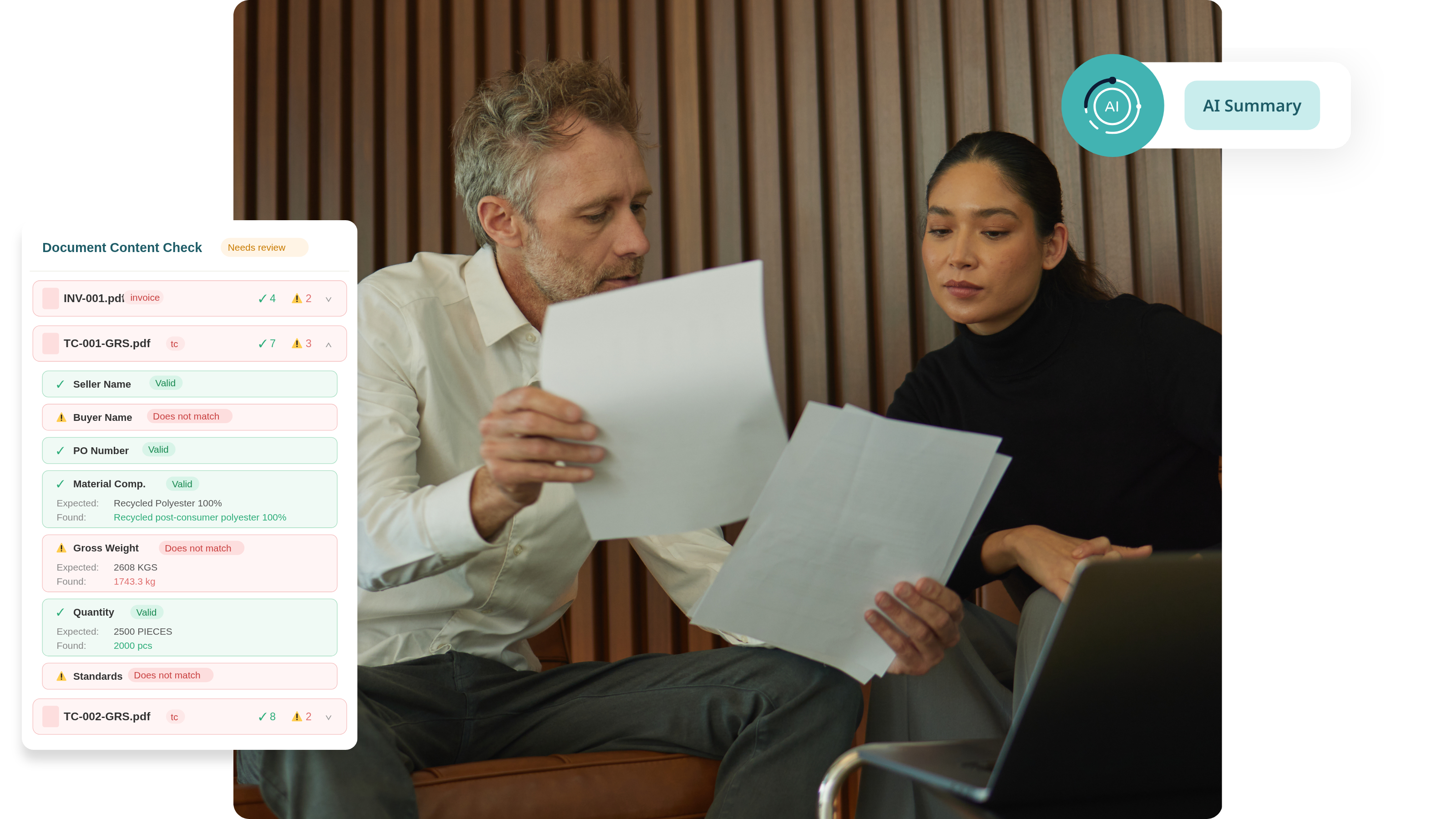 Two people reviewing documents with an AI summary tool on a screen.