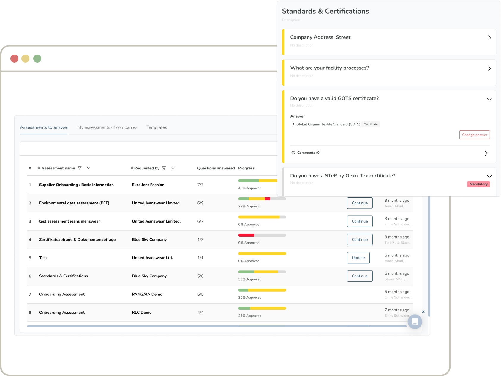 Retraced's Standards & Certificates window next to the risk assessment dashboard on the Retraced platoform.