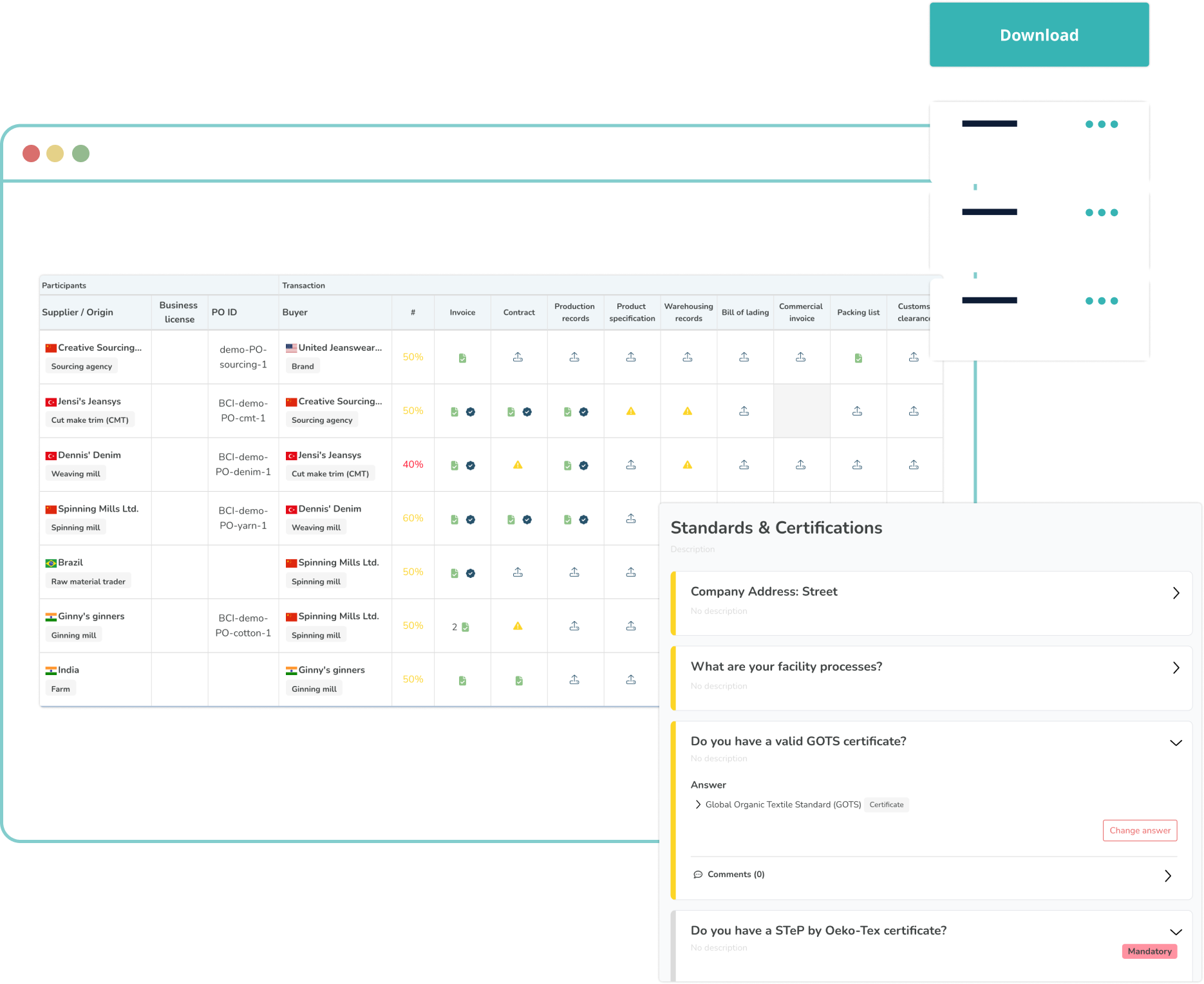 Retraced platform's Standards & Certificates dashboard.