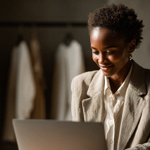 A black woman in a stylish blazer is smilingly working at her laptop. In the background you see a rack with clothes like in a showroom.
