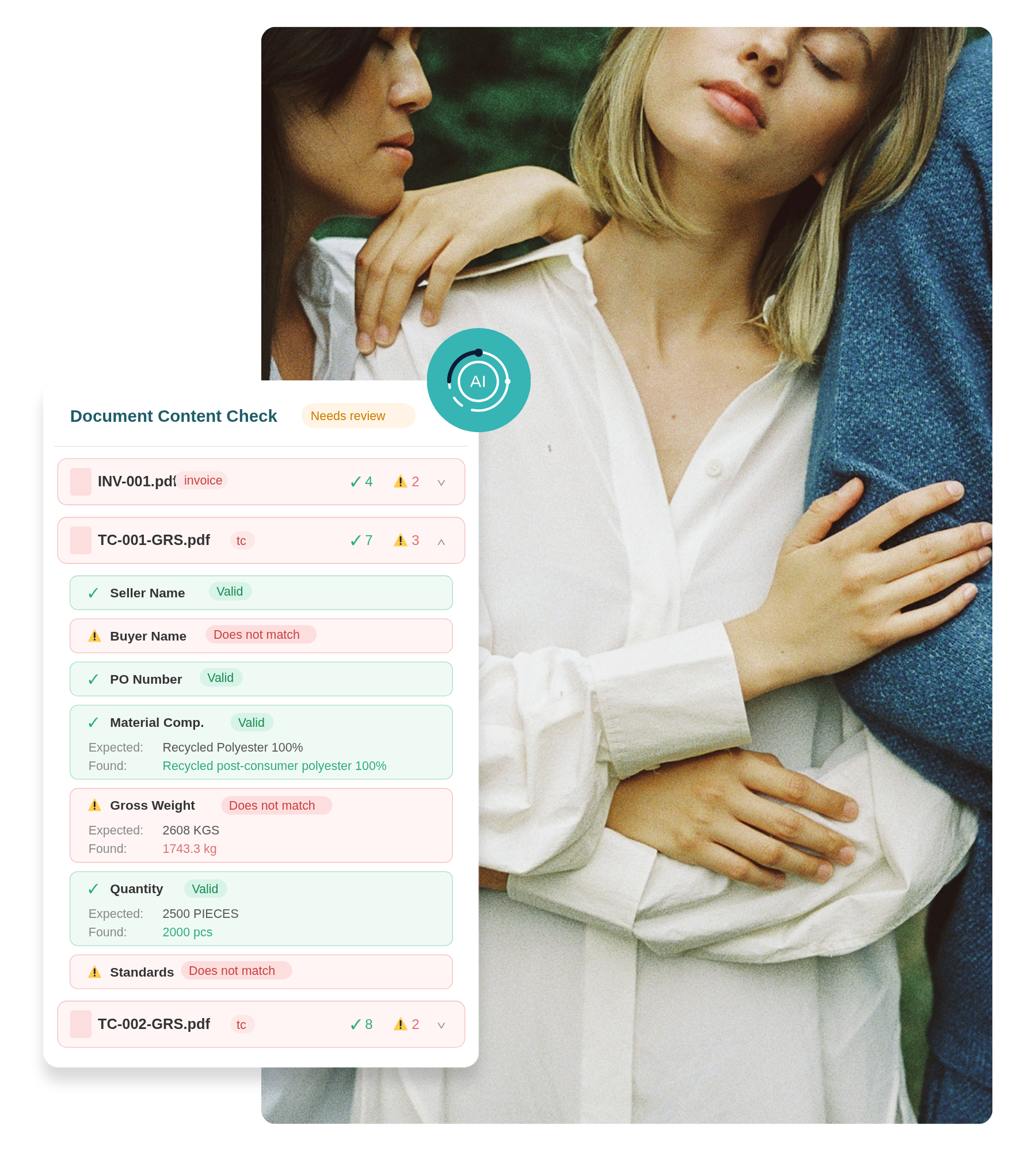 Woman holding a child with a document content check interface overlay