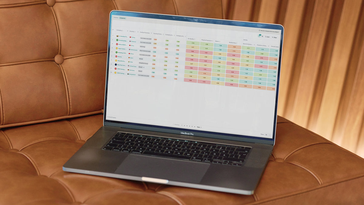 A silver MacBook Pro laptop displaying a colorful spreadsheet on its screen, resting on a brown leather tufted sofa with a warm curtain in the background.