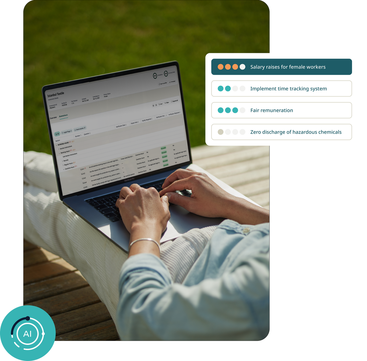 A person sitting outdoors on a wooden bench using a laptop, with a digital interface shown on the screen. To the right is a white panel with bullet points about salary raises for female workers, time tracking, fair remuneration, and zero discharge of hazardous chemicals.